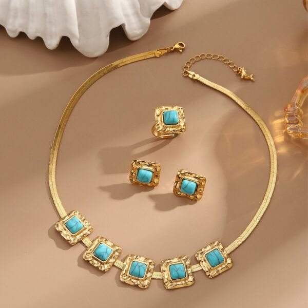 Cross-Border Electroplated K Gold Jewelry Set, Turquoise Necklace, Snake Bone Chain, Geometric Three-Piece Set