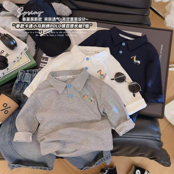 Boys Pony Print Polo Shirt Long-Sleeve Casual Top