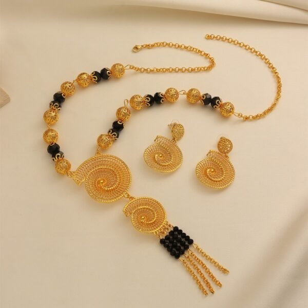 Cross-Border Bestseller Ethnic Style Spiral Hollow Black Bead Necklace Set with Long Tassel Earrings, Exotic Style