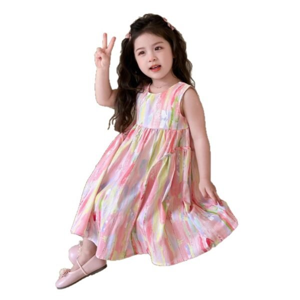 Girls' Graffiti Vest Dress, Summer Rainbow Pink Princess Dress