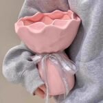 Bouquet Ceramic Vase - Hand-Held Flower Vase with Ribbon for Living Room