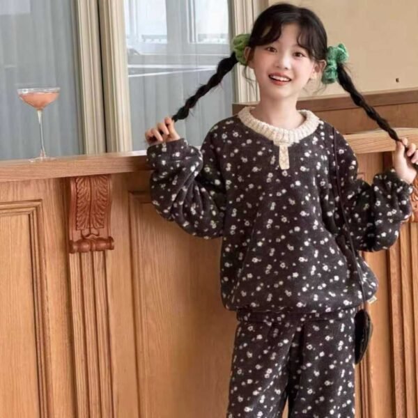 Girls' Pajamas Autumn Winter Thickened Fleece-Lined Floral Home Wear