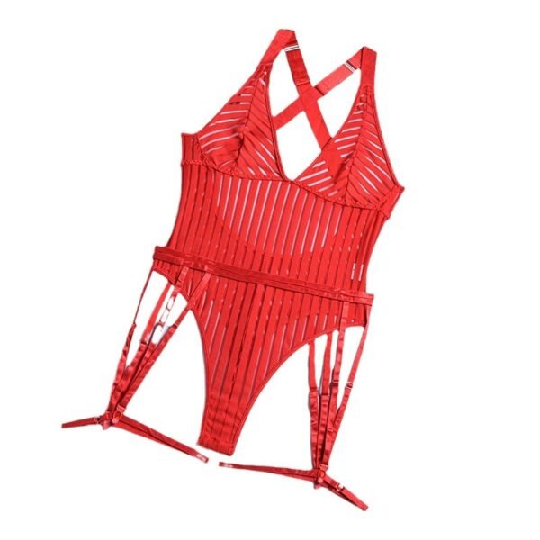 Cross-Border Foreign Trade European and American Style Sexy Lingerie Mesh Striped Garter Belt Bodysuit
