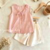 Girls' Tencel Linen Sleeveless Set with Lace Collar, Simple Cute Princess Style