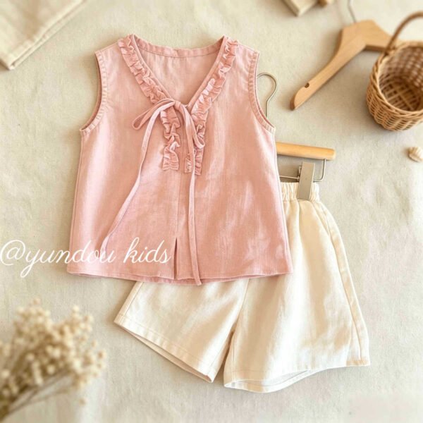 Girls' Tencel Linen Sleeveless Set with Lace Collar, Simple Cute Princess Style