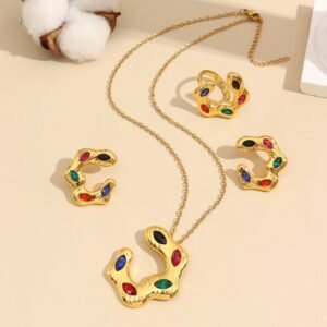 Cross-Border European and American Ins Multi-Color Diamond Geometric Necklace Set with Earrings 1 Cross-Border European and American Ins Multi-Color Diamond Geometric Necklace Set with Earrings