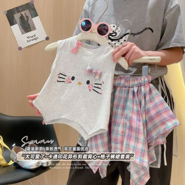 Girls' Cute Cartoon Sleeveless T-Shirt and Skirt Set