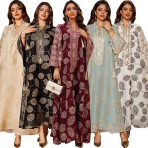 LN423 ثوب طويل فضفاض ذو ياقة واقفة وأكمام واسعة