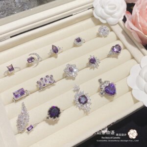 Purple Crystal Camellia Jewellery – Gold Plated Pave Open Rings & Pendants