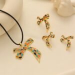 Vintage Enamel Bowknot Jewelry Three-Piece Set, Electroplated Gold Anti-Fading Color-Blocking