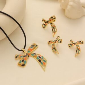 Vintage Enamel Bowknot Jewelry Three-Piece Set, Electroplated Gold Anti-Fading Color-Blocking