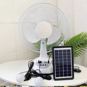 Solar Rechargeable Table Fan - AC/DC Fan with Solar Panel & LED Bulb