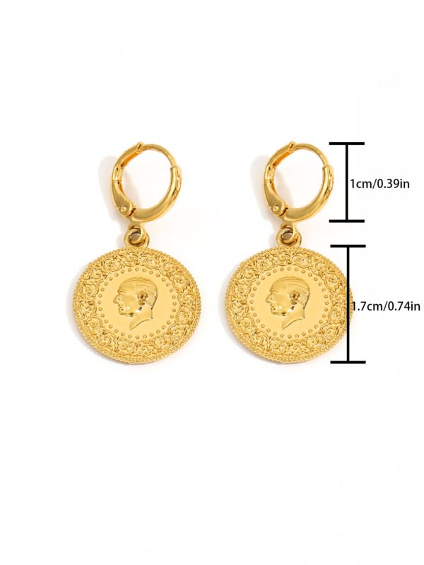 Turkish Gold-Plated Coin Earrings, Women's Head Portrait Gold Coin Ear Studs