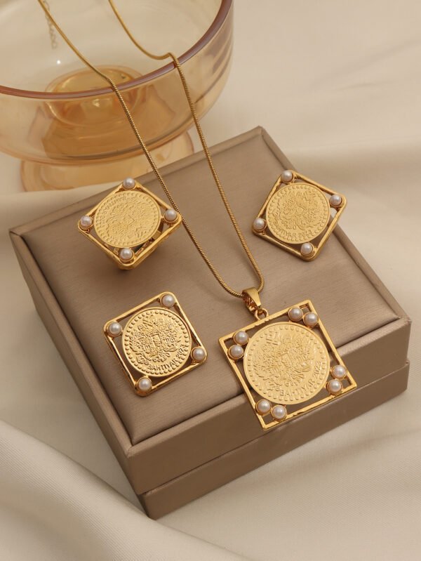 Turkish Style Gold Coin Jewelry Square Cut-Out Frame Pearl Necklace Set