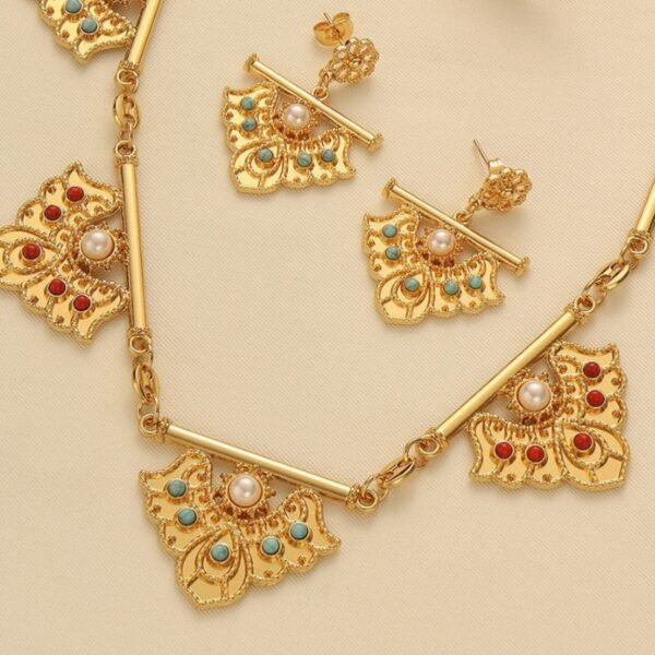 Rhombus-Shaped Red Turquoise Pendant Necklace Gold-Plated Three-Piece Set, Middle Eastern Bride Jewelry