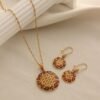 Retro Ethnic Round Pendant Necklace Gold Choker Elegant Earrings Set