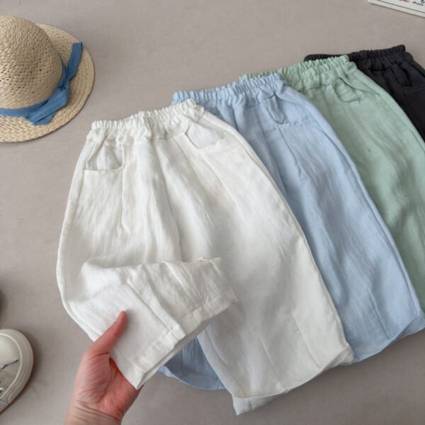 Children's Solid Color Linen Cool Pants, Casual Breathable Pants