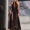 Cross-Border Foreign Trade European and American New Sexy Underwear Sexy Women's Mesh Yarn Halterneck Hollow Split Long Skirt Sexy Suit