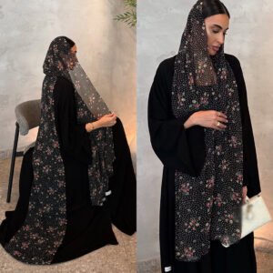 HY063 ensemble deux pièces robe cardigan ample noire avec foulard