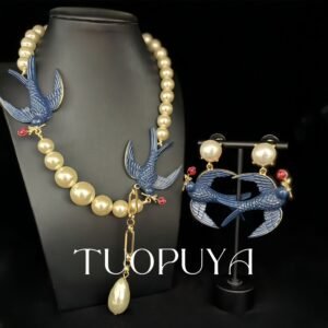 Swallow & Pearl Jewellery Set - Elegant Bird Necklace & Stud Earrings