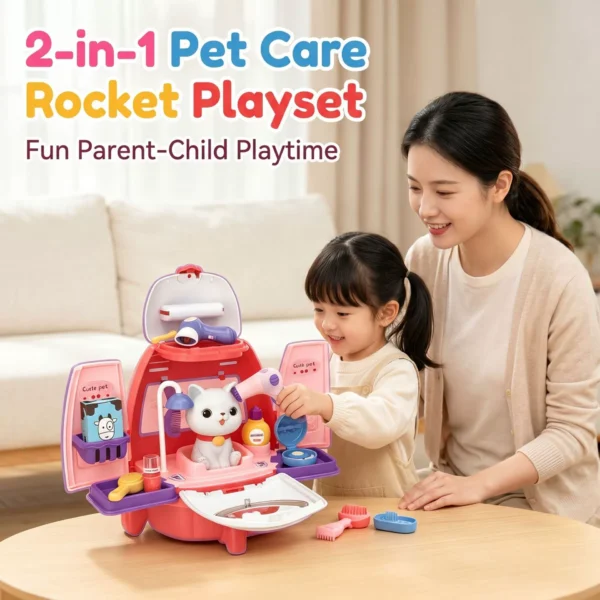 Pet Space Rocket Backpack - Pretend Play Vet & Makeup Set for Kids