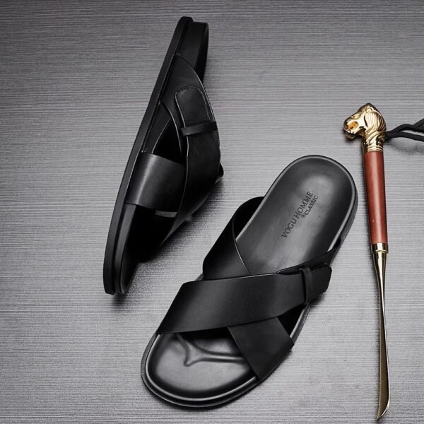 Men's Genuine Leather Slide Sandals - Breathable Cowhide Beach Slippers