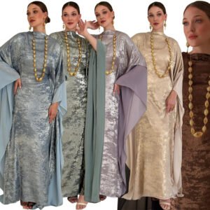 LN233 - Robe longue à manches chauve-souris et col montant en mousseline estampillée dorée