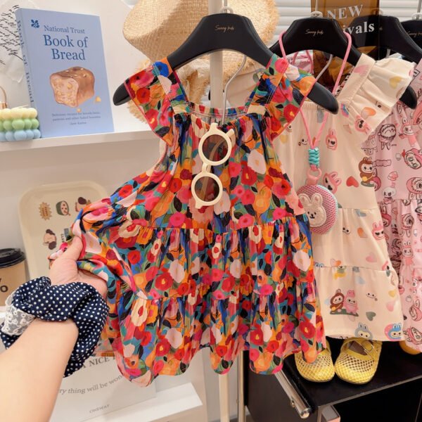 Girls Floral Cartoon Print Cotton-Silk Summer Dress - Skin-Friendly, Cool Feel