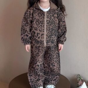 Girls Leopard Print Hooded Jacket and Pants Two-Piece Set