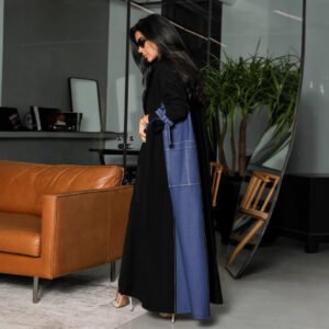 LN168 Manteau long color-block noir et bleu
