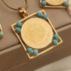 Turkish Style Gold Coin Jewelry Square Cut-Out Frame Pearl Necklace Set