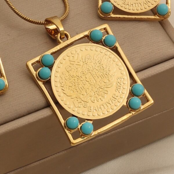 Turkish Style Gold Coin Jewelry Square Cut-Out Frame Pearl Necklace Set