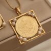 Turkish Style Gold Coin Jewelry Square Cut-Out Frame Pearl Necklace Set