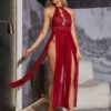 Cross-Border Foreign Trade European and American New Sexy Underwear Sexy Women's Mesh Yarn Halterneck Hollow Split Long Skirt Sexy Suit