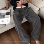 Men's Double Waistband Striped Trousers - Loose Straight Leg Summer Pants