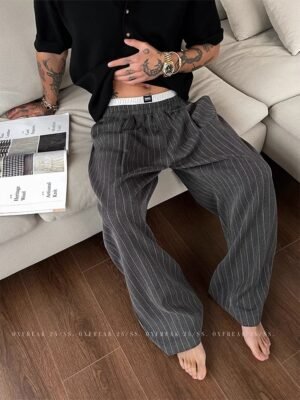 Men's Double Waistband Striped Trousers - Loose Straight Leg Summer Pants
