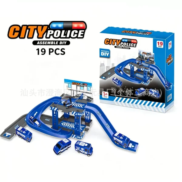 DIY Assembly Track Parking Garage Playset - Fire, Police & Engineering Vehicles