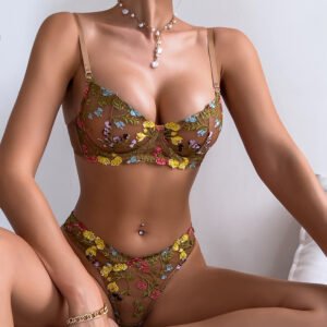 Embroidered Floral Mesh Lingerie Set - Underwired Push-Up Bra & Brief