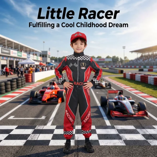 Boys Racing Suit Costume Set with Belt & Hat - Kids Role-Play Jumpsuit