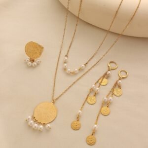 Super Fairy Pearl Fishtail Tassel Earrings Metal Disc Necklace Set for Women