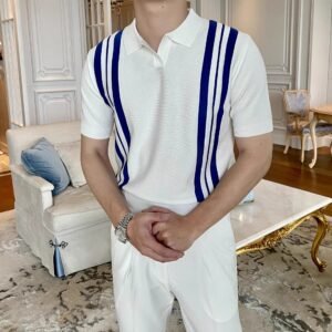 Men's Colour Block Striped Knit Polo - Retro Loose Short Sleeve Top