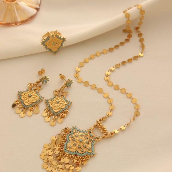 Xinjiang Ethnic Style Jewelry Set, Three-Piece Necklace Set, Gold-Plated Patterned Earrings and Rings, Wholesale, Summer Hot Item