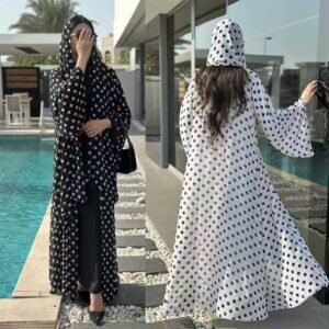 HY174 Ensemble cardigan long imprimé en mousseline de soie à pois avec foulard