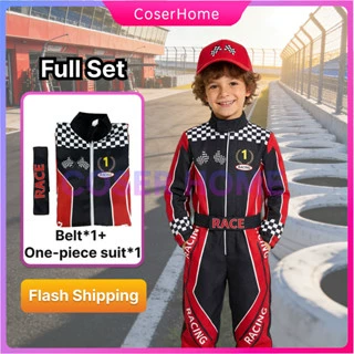 Boys Racing Suit Costume Set with Belt & Hat - Kids Role-Play Jumpsuit