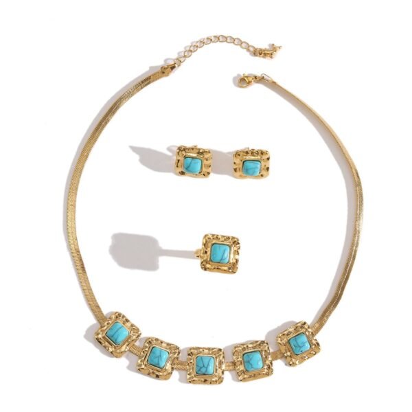 Cross-Border Electroplated K Gold Jewelry Set, Turquoise Necklace, Snake Bone Chain, Geometric Three-Piece Set