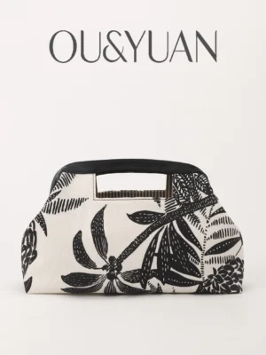 Printed Canvas Tote Bag - Vintage Plant Pattern Niche Handbag