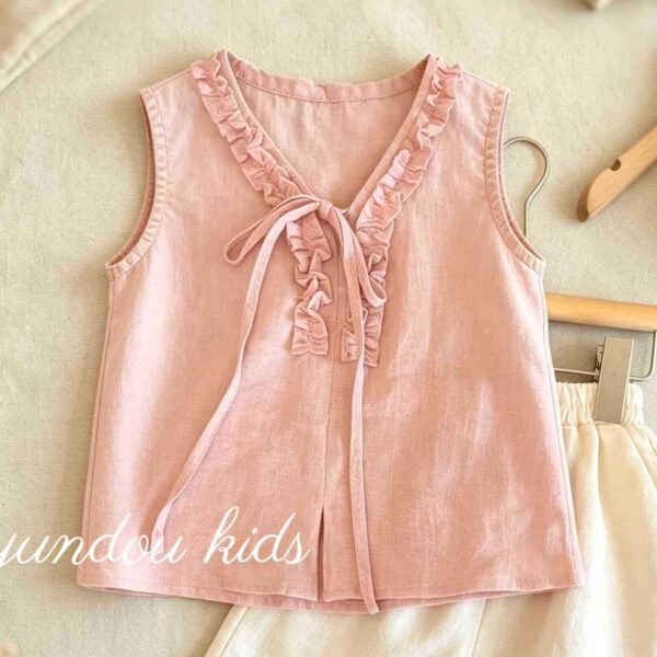 Girls' Tencel Linen Sleeveless Set with Lace Collar, Simple Cute Princess Style