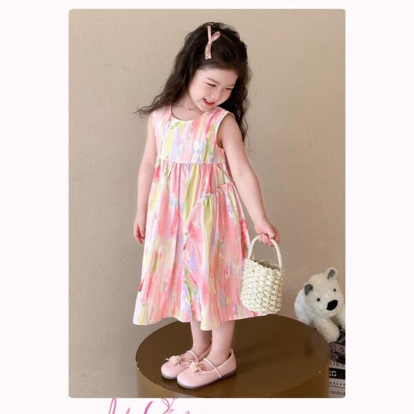 Girls' Graffiti Vest Dress, Summer Rainbow Pink Princess Dress