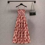 Rose Floral Pleated Sling Dress Women's French Waist Slimming Socialite Elegant Dress