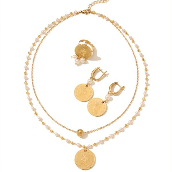 Turkish Portrait Coin Badge Chain Pearl Double-Layer Necklace Jewelry Set 5 Turkish Portrait Coin Badge Chain Pearl Double-Layer Necklace Jewelry Set